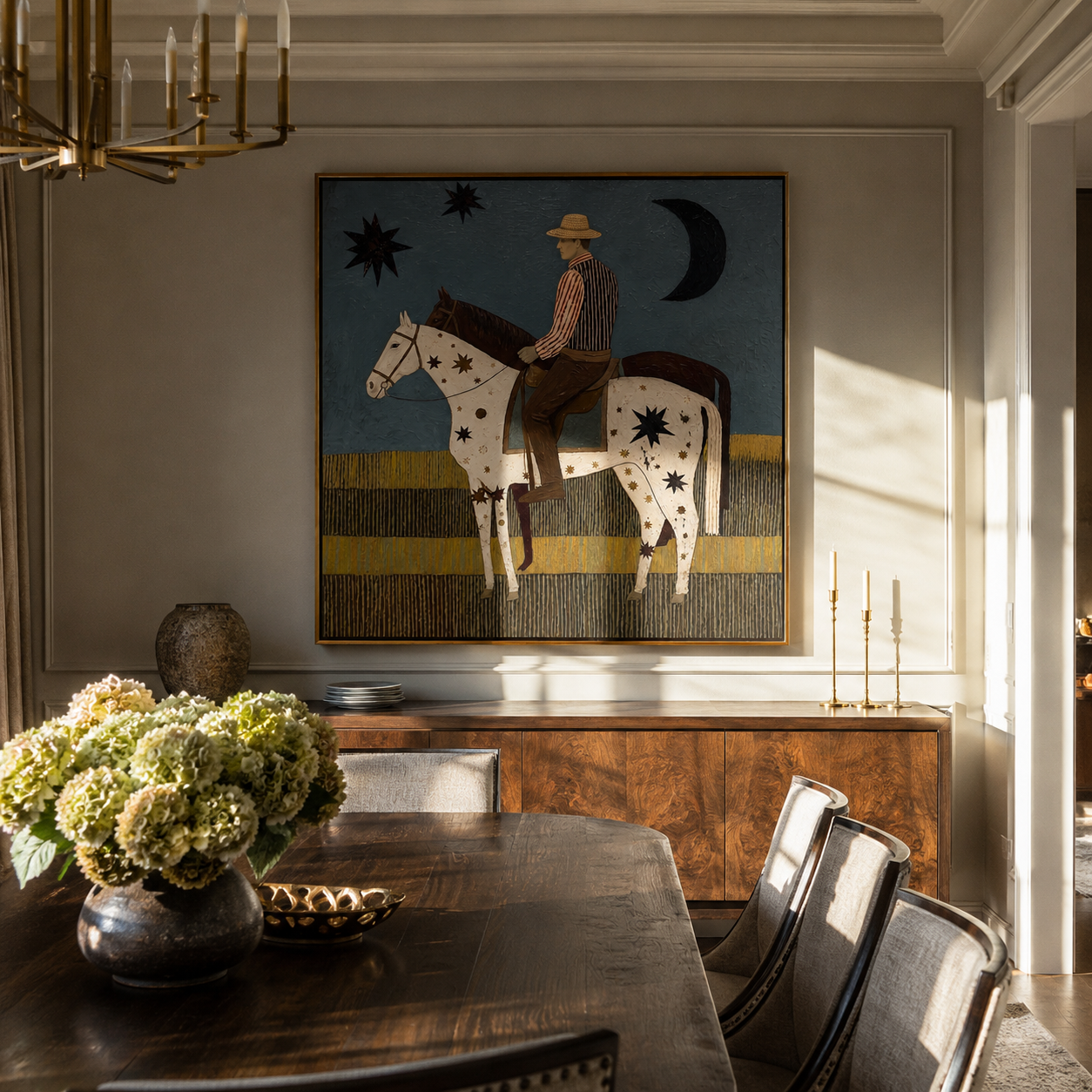 Stars Cross Midnight - star-spotted horse and rider painting by Savannah Reed, modern folk art square wall art – styled room scene view 4