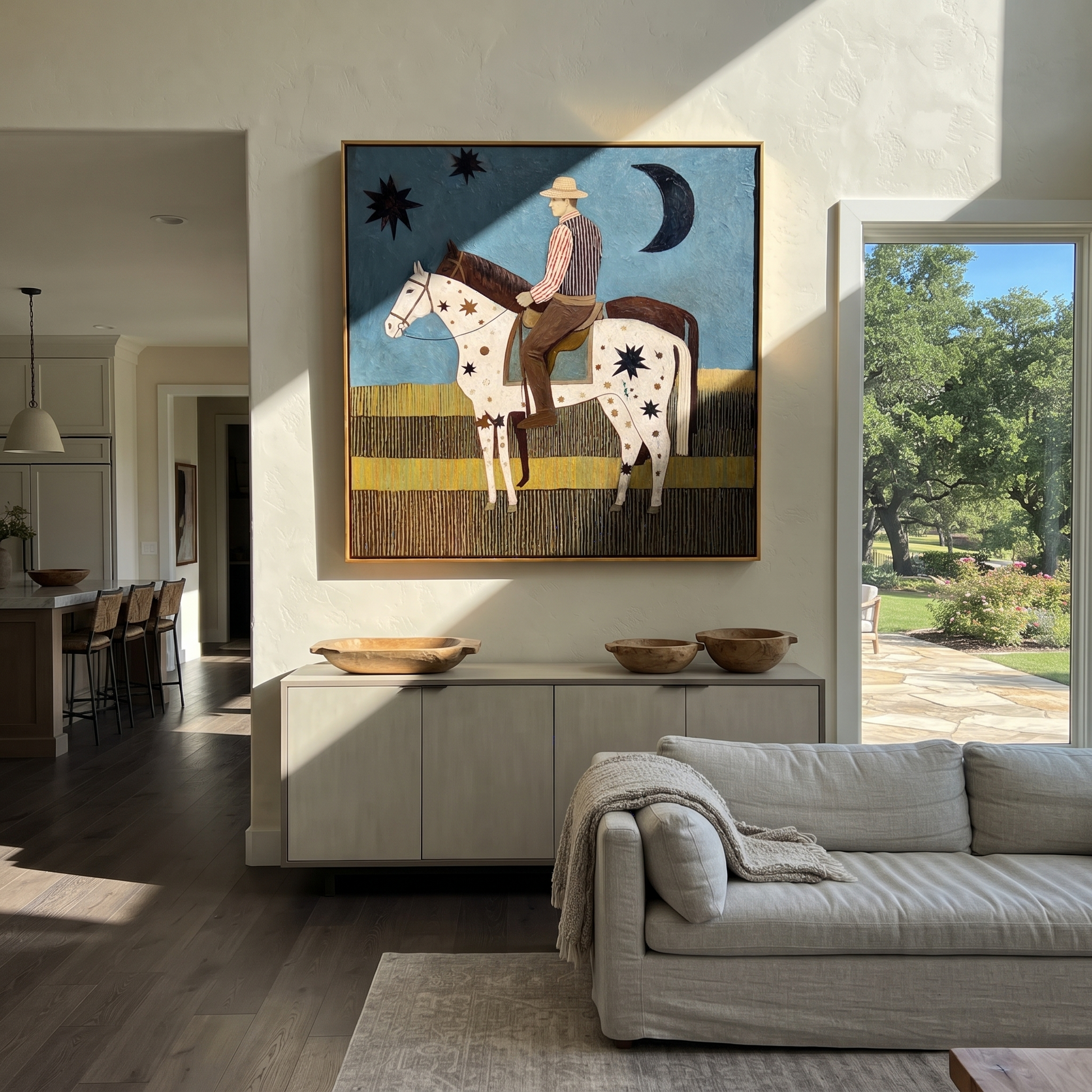 Stars Cross Midnight - star-spotted horse and rider painting by Savannah Reed, modern folk art square wall art – styled room scene view 5