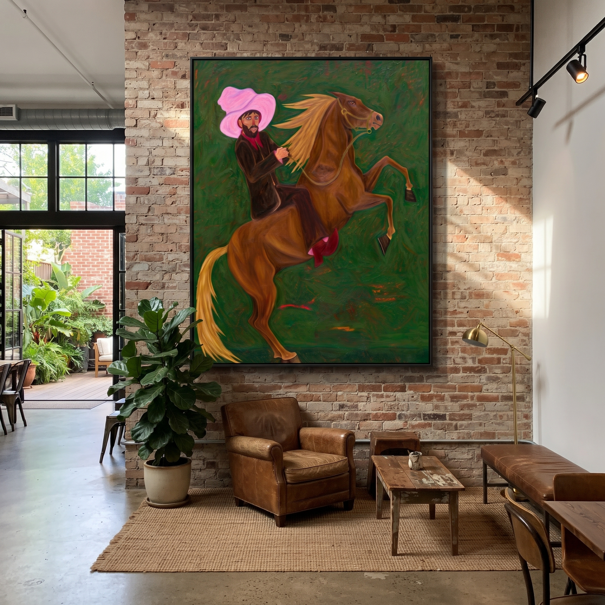 Pink Hat Rides Wild - rearing horse and cowboy painting by Savannah Reed, modern folk art vertical wall art – styled room scene view 1