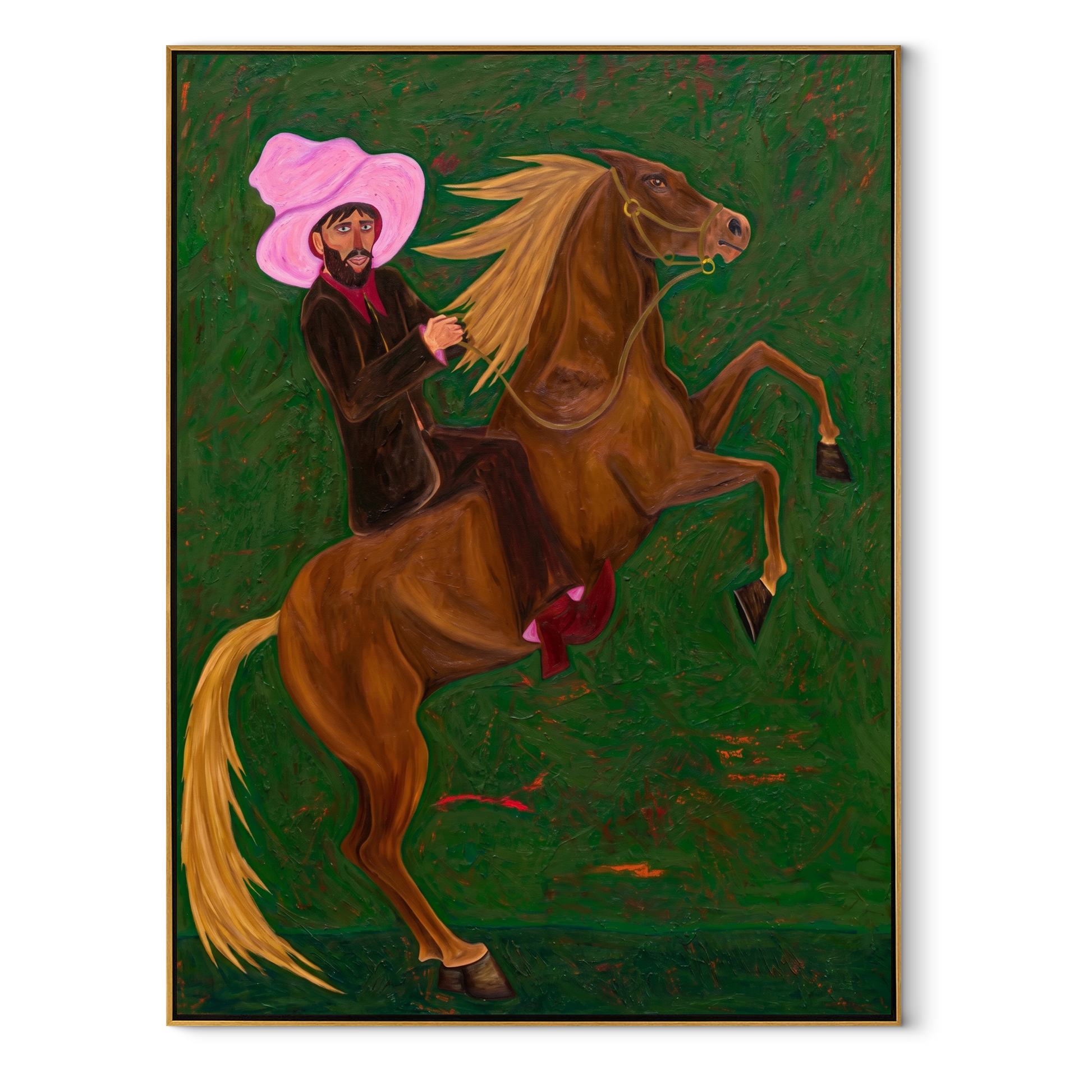 Pink Hat Rides Wild - rearing horse and cowboy painting by Savannah Reed, modern folk art vertical wall art – wood frame on white background