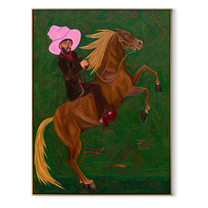 Pink Hat Rides Wild - rearing horse and cowboy painting by Savannah Reed, modern folk art vertical wall art – wood frame on white background