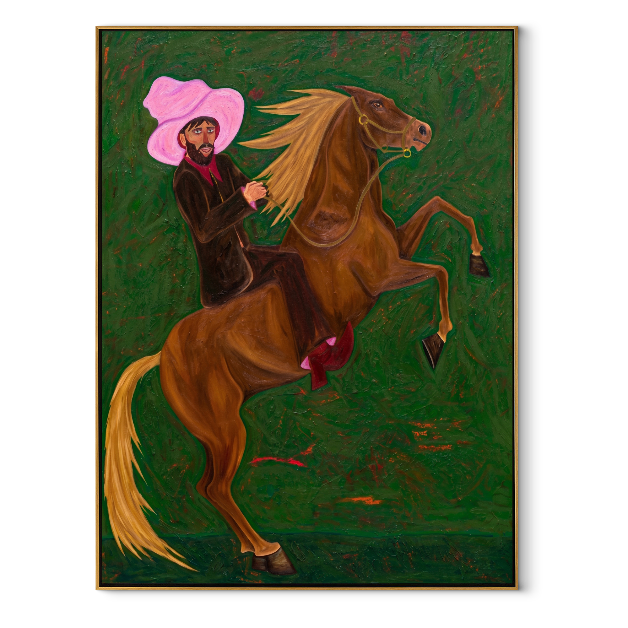 Pink Hat Rides Wild - rearing horse and cowboy painting by Savannah Reed, modern folk art vertical wall art – wood frame on white background