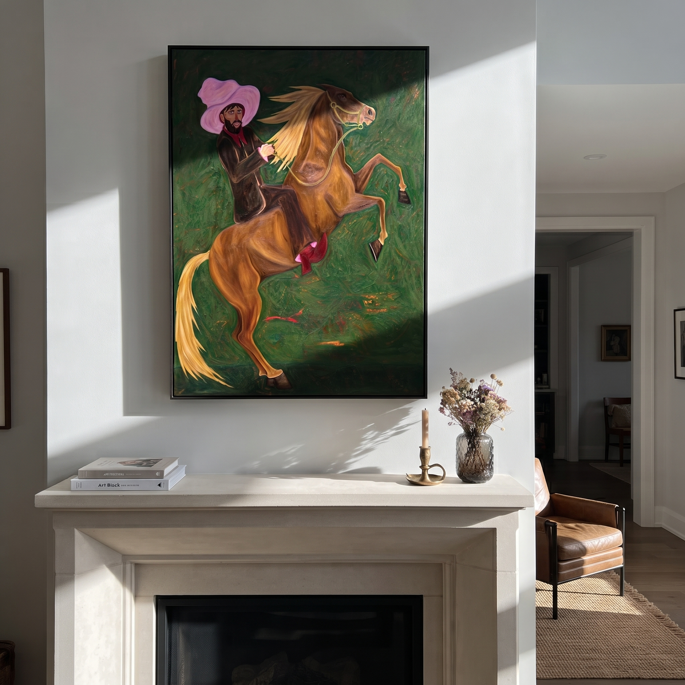 Pink Hat Rides Wild - rearing horse and cowboy painting by Savannah Reed, modern folk art vertical wall art – styled room scene view 2
