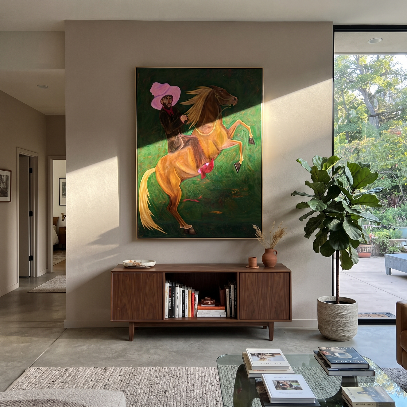 Pink Hat Rides Wild - rearing horse and cowboy painting by Savannah Reed, modern folk art vertical wall art – styled room scene view 3