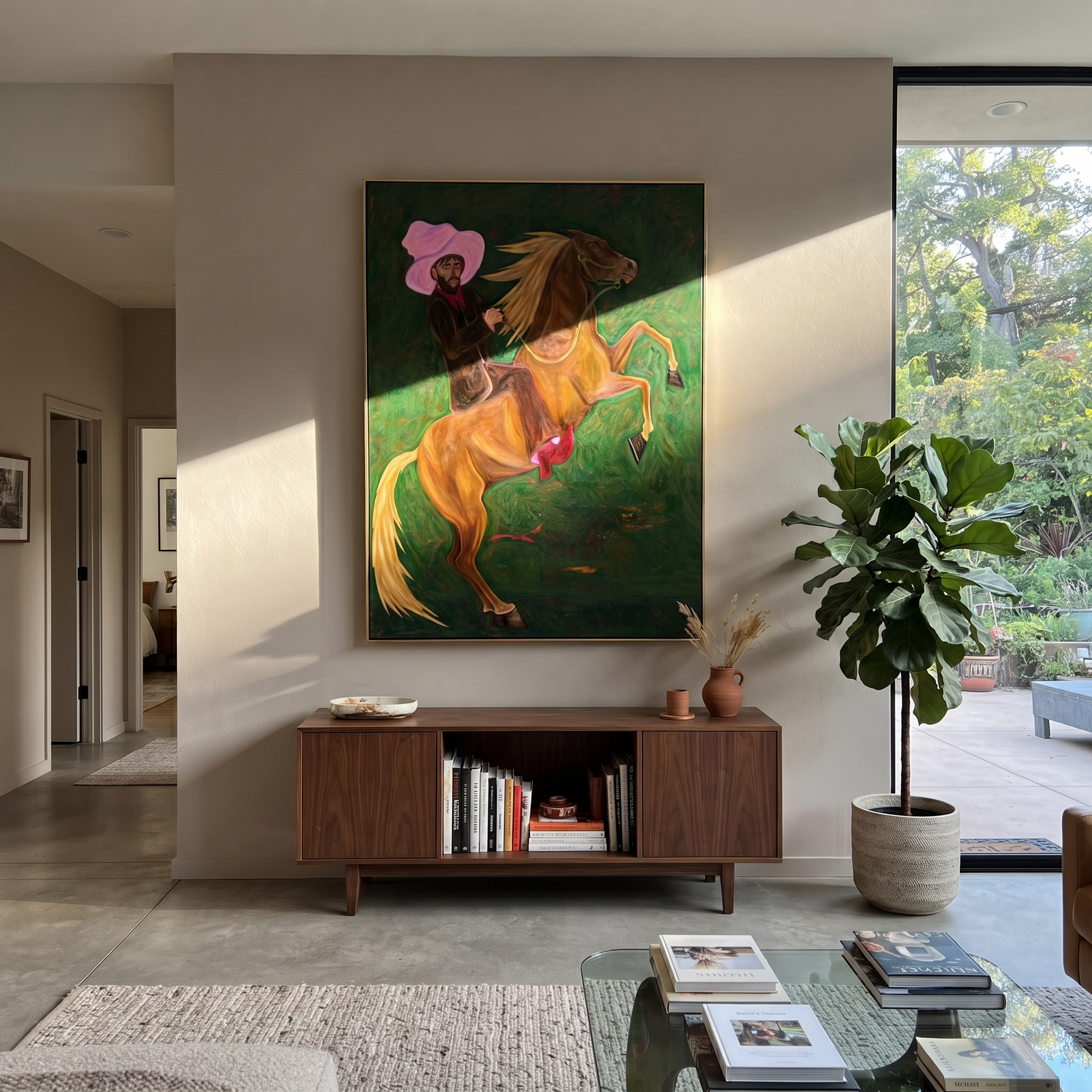 Pink Hat Rides Wild - rearing horse and cowboy painting by Savannah Reed, modern folk art vertical wall art – styled room scene view 3