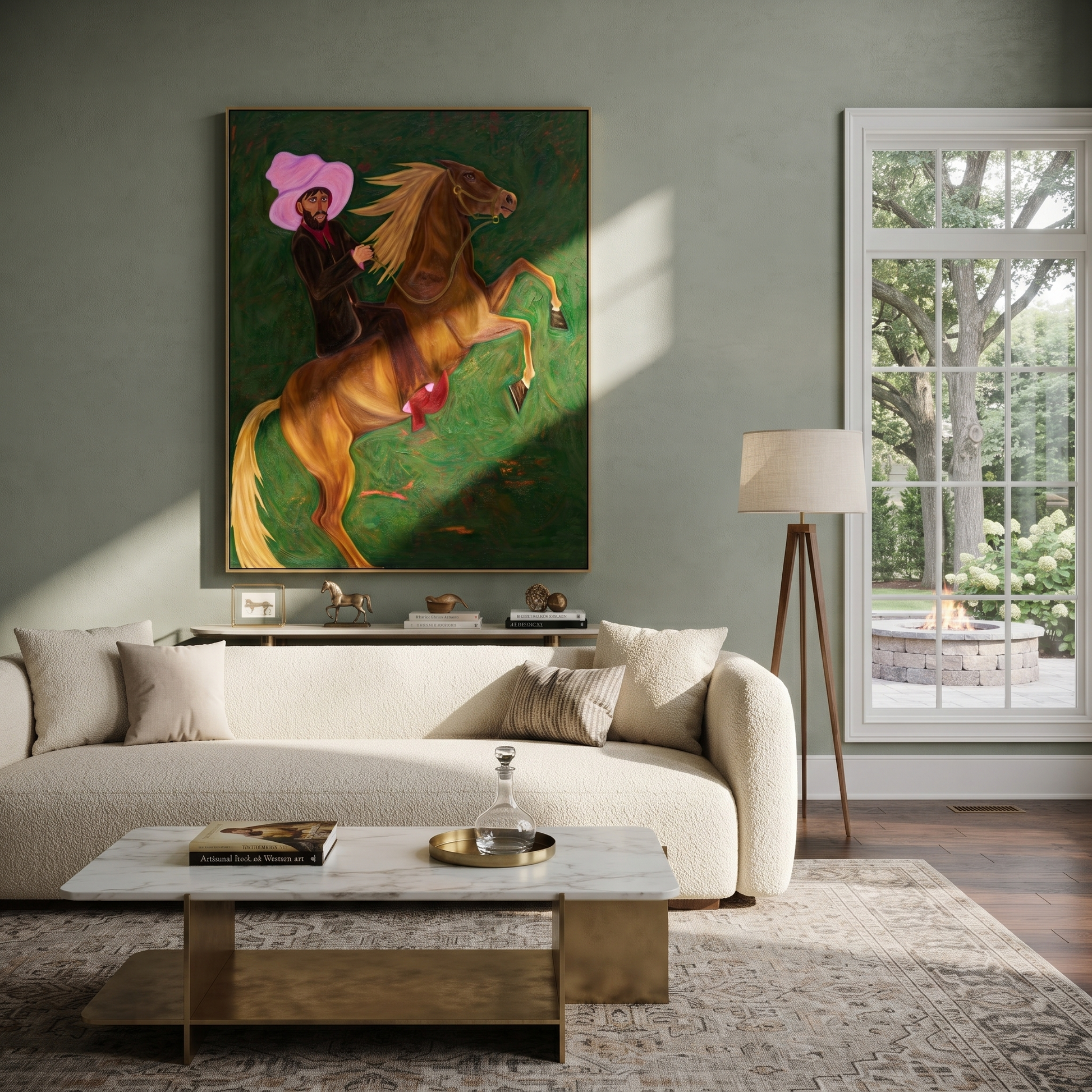 Pink Hat Rides Wild - rearing horse and cowboy painting by Savannah Reed, modern folk art vertical wall art – styled room scene view 4