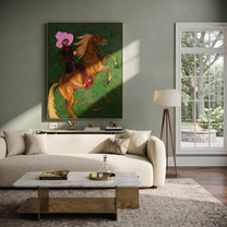 Pink Hat Rides Wild - rearing horse and cowboy painting by Savannah Reed, modern folk art vertical wall art – styled room scene view 4