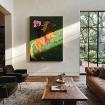 Pink Hat Rides Wild - rearing horse and cowboy painting by Savannah Reed, modern folk art vertical wall art – styled room scene view 5