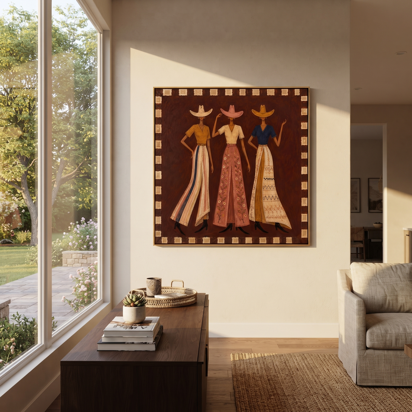 Three Cowgirls Hold Court - three cowgirls portrait painting by Savannah Reed, modern folk art square wall art – styled room scene view 1