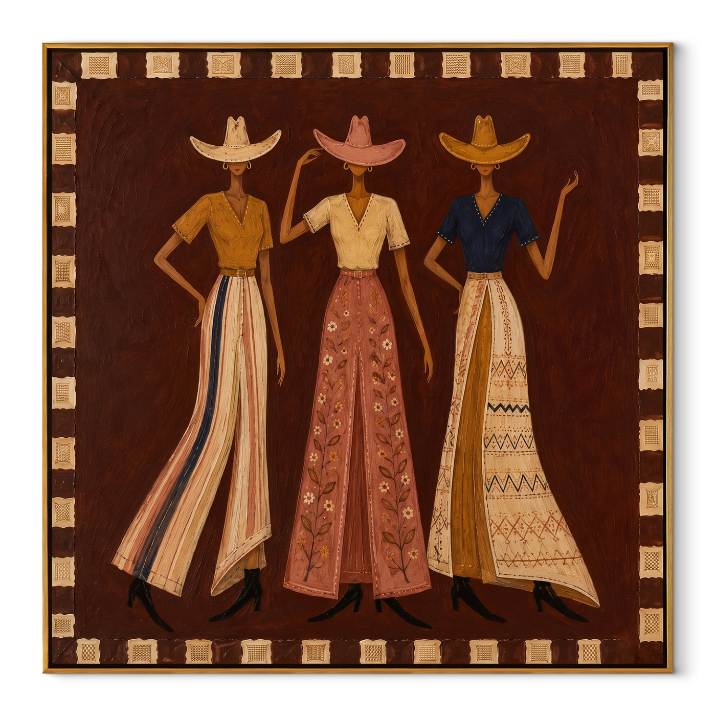 Three Cowgirls Hold Court - three cowgirls portrait painting by Savannah Reed, modern folk art square wall art – wood frame on white background