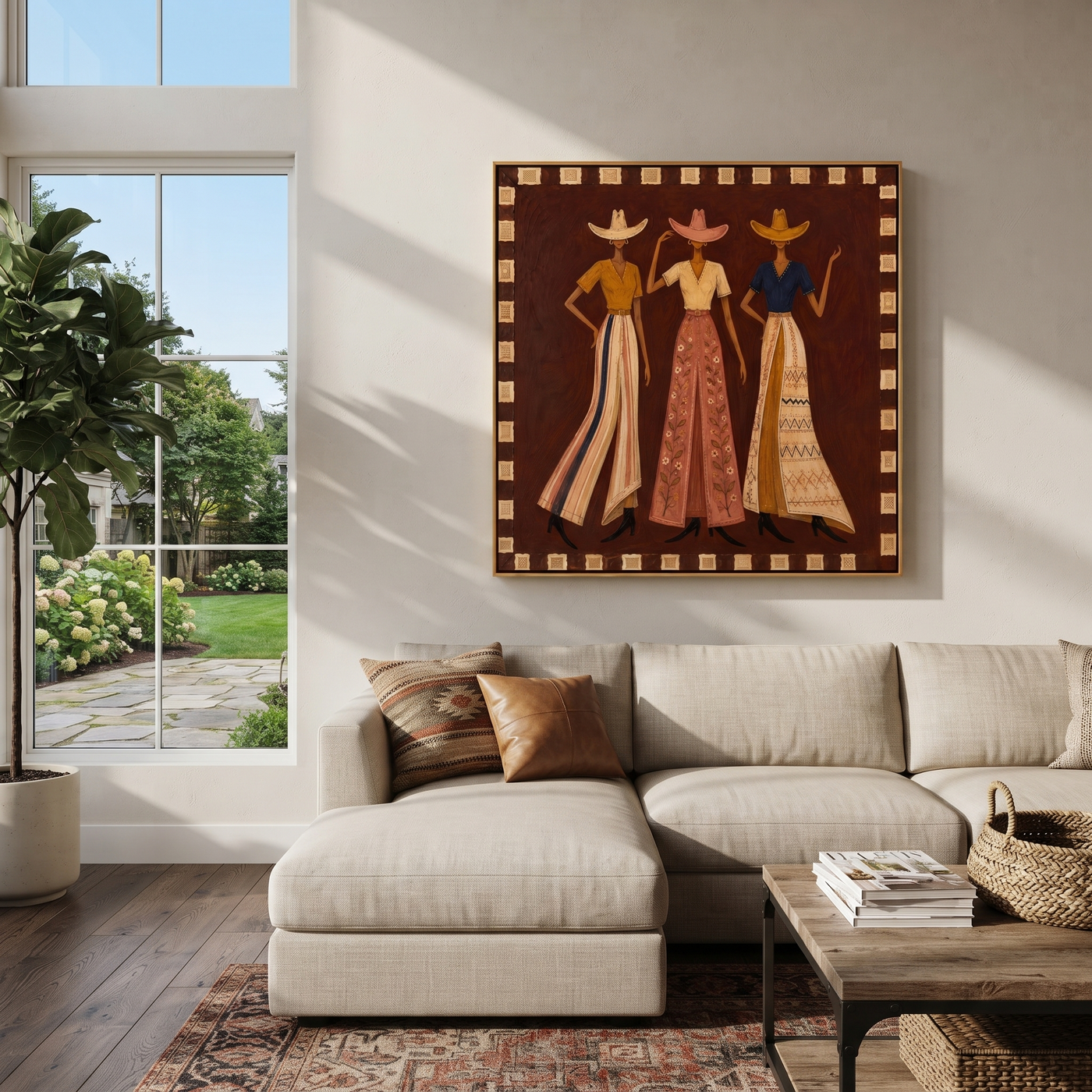 Three Cowgirls Hold Court - three cowgirls portrait painting by Savannah Reed, modern folk art square wall art – styled room scene view 2