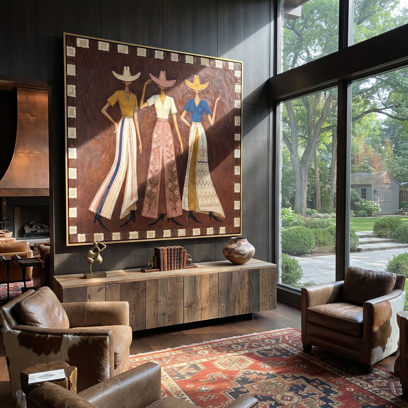 Three Cowgirls Hold Court - three cowgirls portrait painting by Savannah Reed, modern folk art square wall art – styled room scene view 3