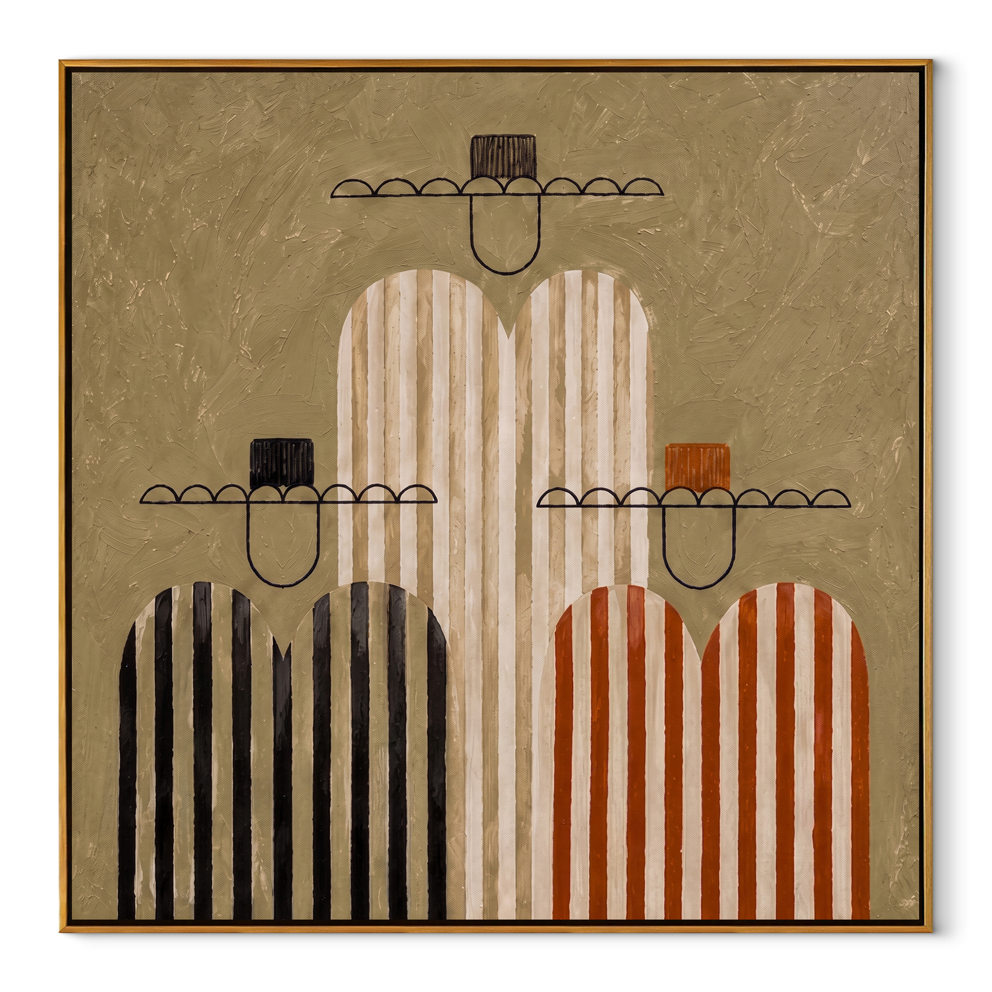 Stripes Gather in Silence - striped cowboy figures painting by Savannah Reed, modern folk art square wall art – wood frame on white background