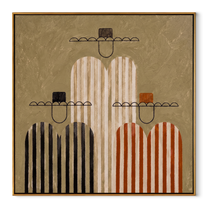 Stripes Gather in Silence - striped cowboy figures painting by Savannah Reed, modern folk art square wall art – wood frame on white background