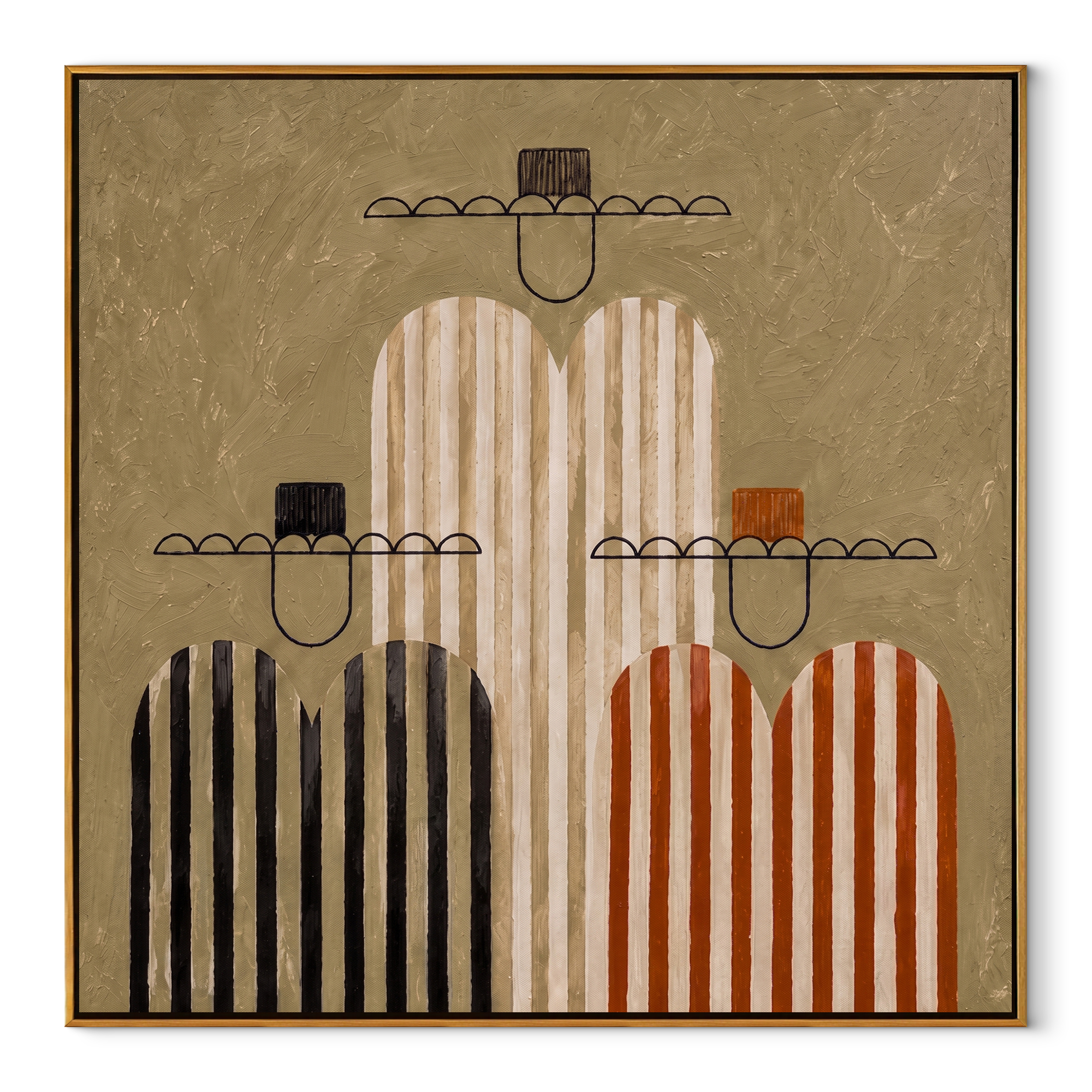 Stripes Gather in Silence - striped cowboy figures painting by Savannah Reed, modern folk art square wall art – wood frame on white background
