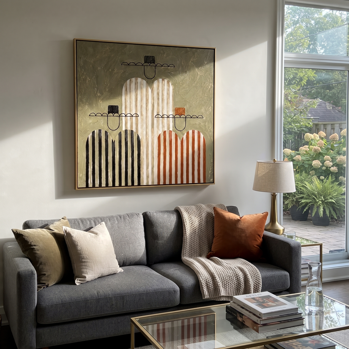 Stripes Gather in Silence - striped cowboy figures painting by Savannah Reed, modern folk art square wall art – styled room scene view 2
