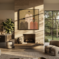 Stripes Gather in Silence - striped cowboy figures painting by Savannah Reed, modern folk art square wall art – styled room scene view 3