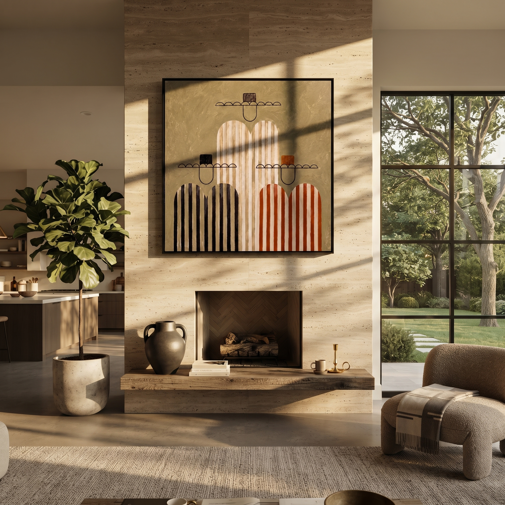 Stripes Gather in Silence - striped cowboy figures painting by Savannah Reed, modern folk art square wall art – styled room scene view 3