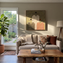 Stripes Gather in Silence - striped cowboy figures painting by Savannah Reed, modern folk art square wall art – styled room scene view 4