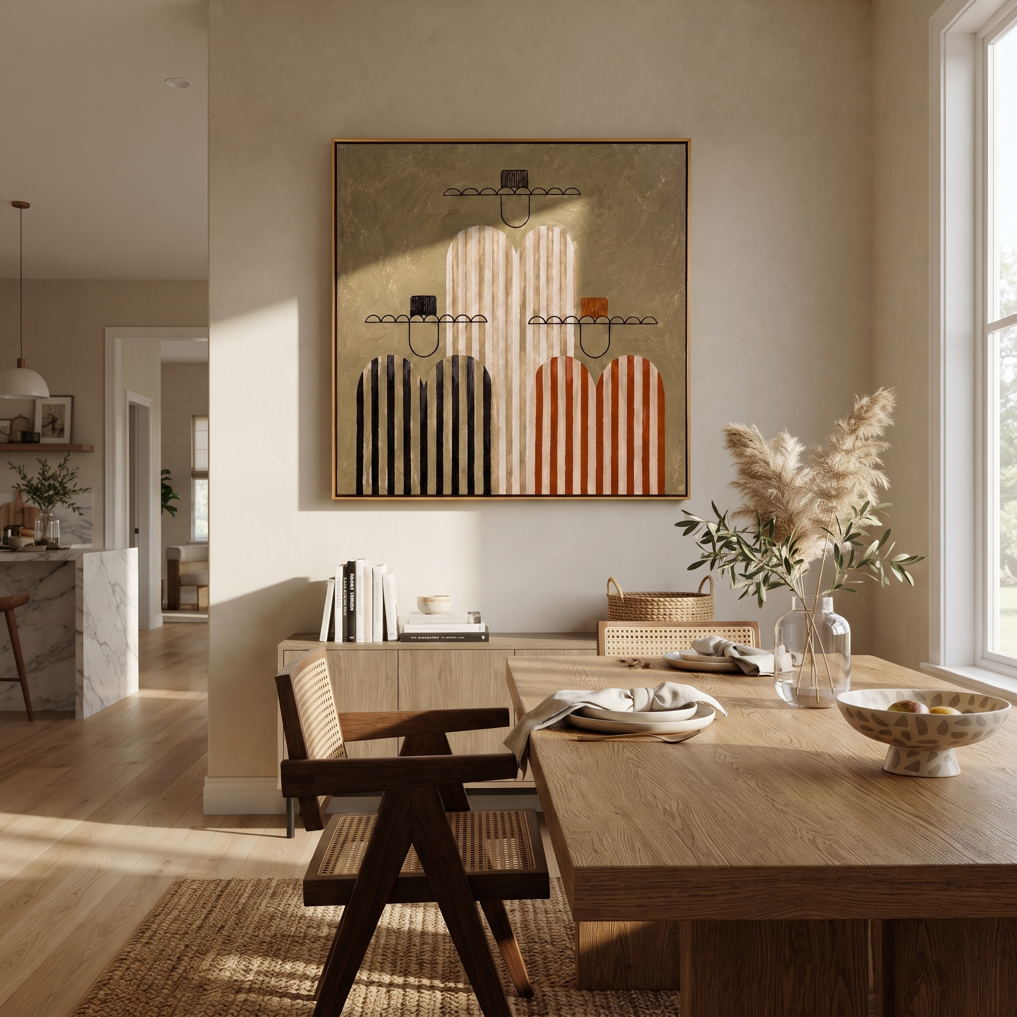 Stripes Gather in Silence - striped cowboy figures painting by Savannah Reed, modern folk art square wall art – styled room scene view 5