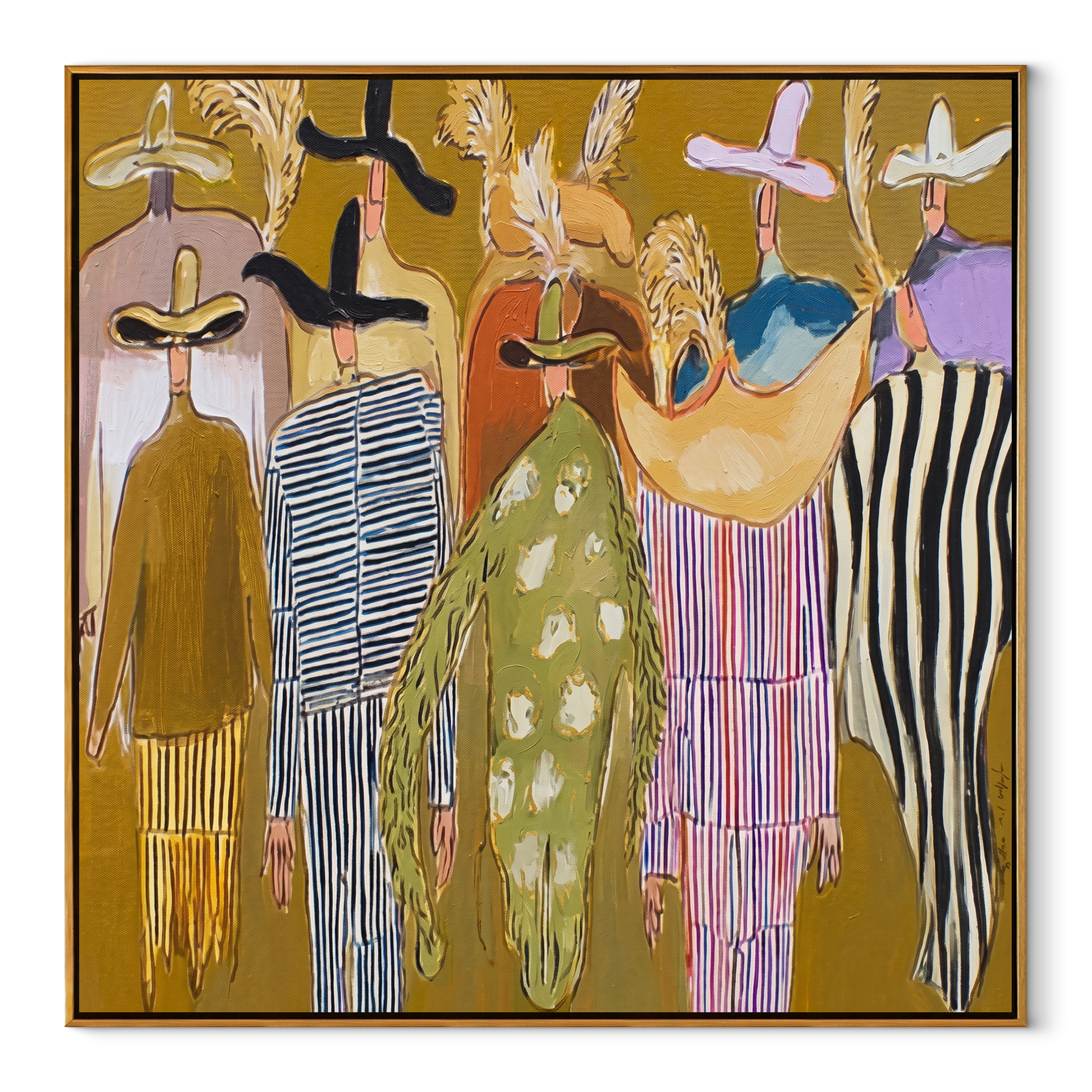 Feathered Hats Find Company - feathered western figures painting by Savannah Reed, modern folk art square wall art – wood frame on white background
