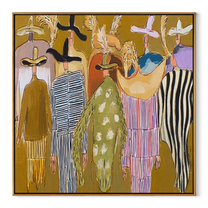 Feathered Hats Find Company - feathered western figures painting by Savannah Reed, modern folk art square wall art – wood frame on white background