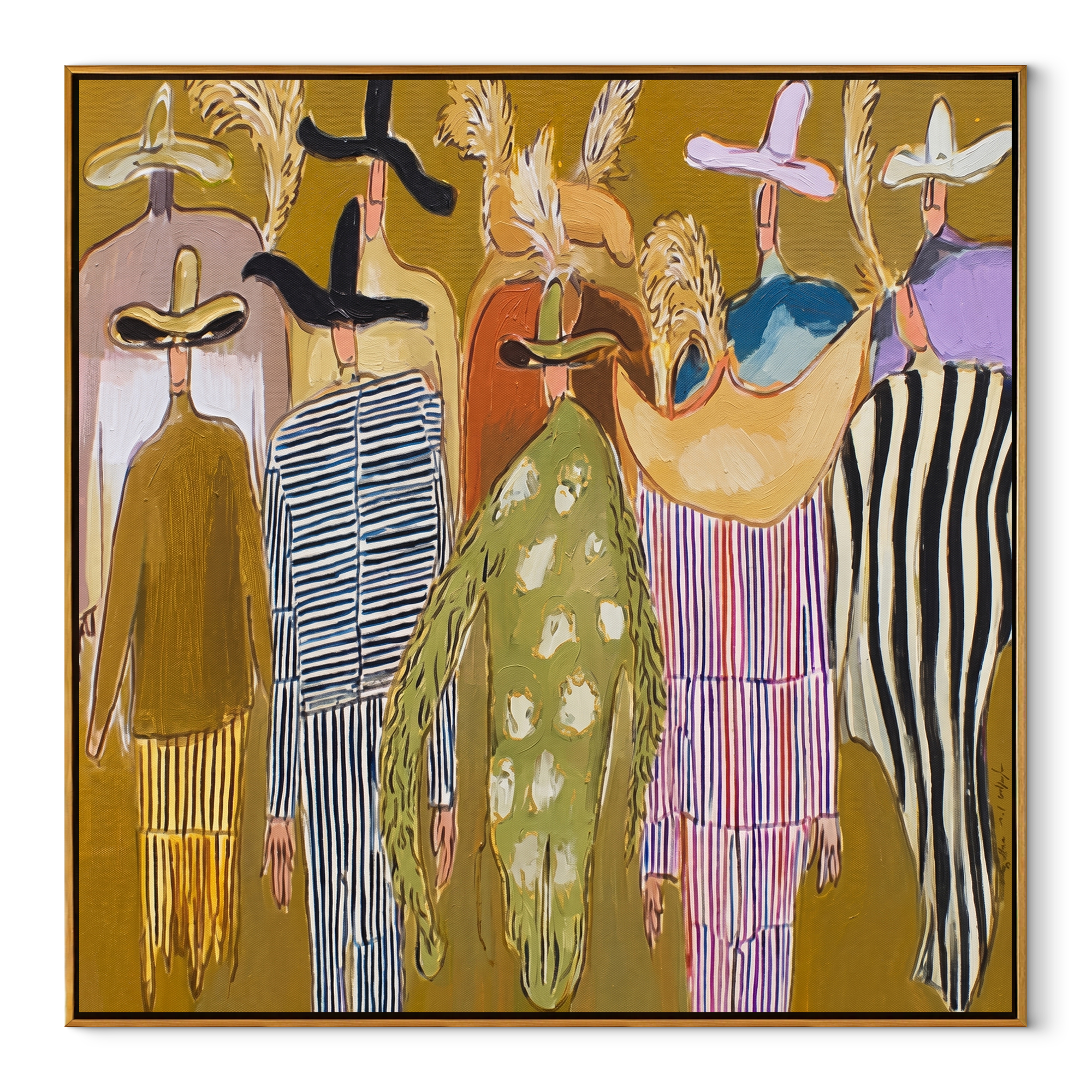 Feathered Hats Find Company - feathered western figures painting by Savannah Reed, modern folk art square wall art – wood frame on white background