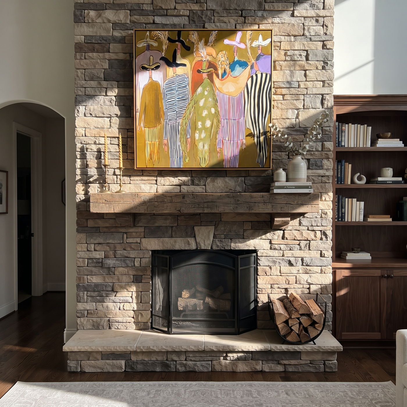 Feathered Hats Find Company - feathered western figures painting by Savannah Reed, modern folk art square wall art – styled room scene view 2