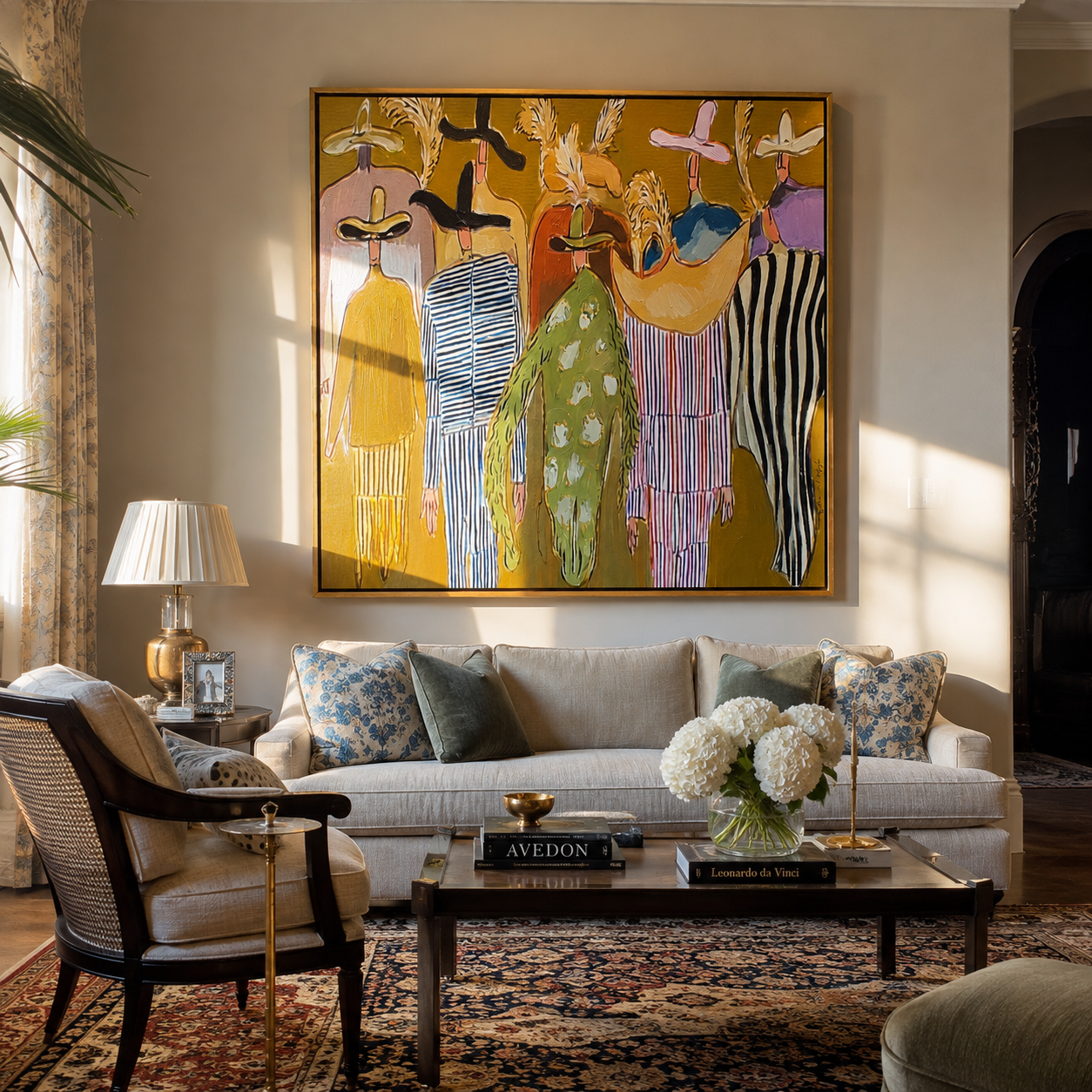 Feathered Hats Find Company - feathered western figures painting by Savannah Reed, modern folk art square wall art – styled room scene view 3