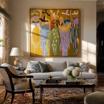 Feathered Hats Find Company - feathered western figures painting by Savannah Reed, modern folk art square wall art – styled room scene view 3