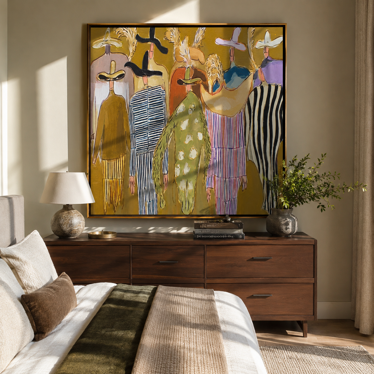 Feathered Hats Find Company - feathered western figures painting by Savannah Reed, modern folk art square wall art – styled room scene view 4