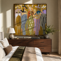Feathered Hats Find Company - feathered western figures painting by Savannah Reed, modern folk art square wall art – styled room scene view 4