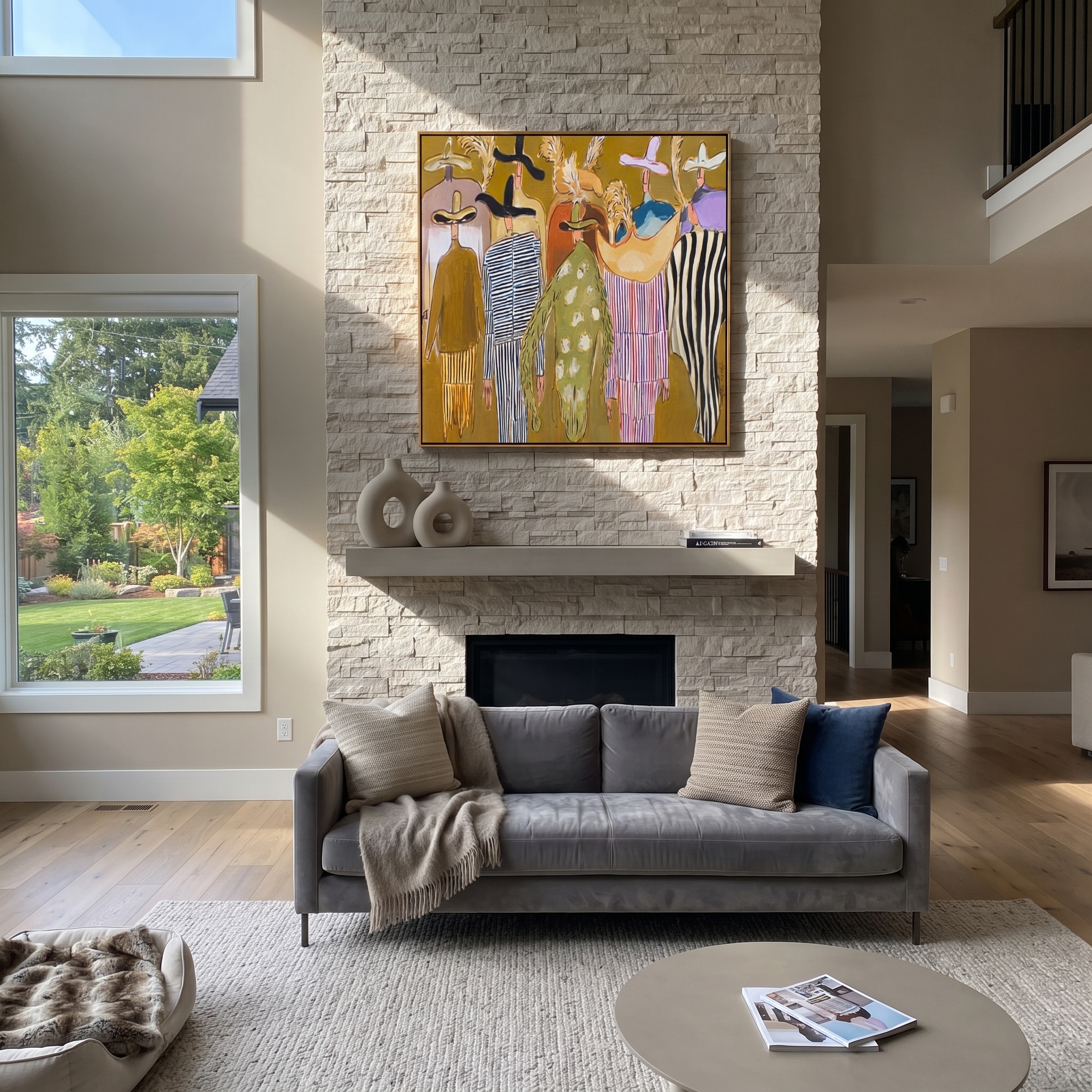 Feathered Hats Find Company - feathered western figures painting by Savannah Reed, modern folk art square wall art – styled room scene view 5