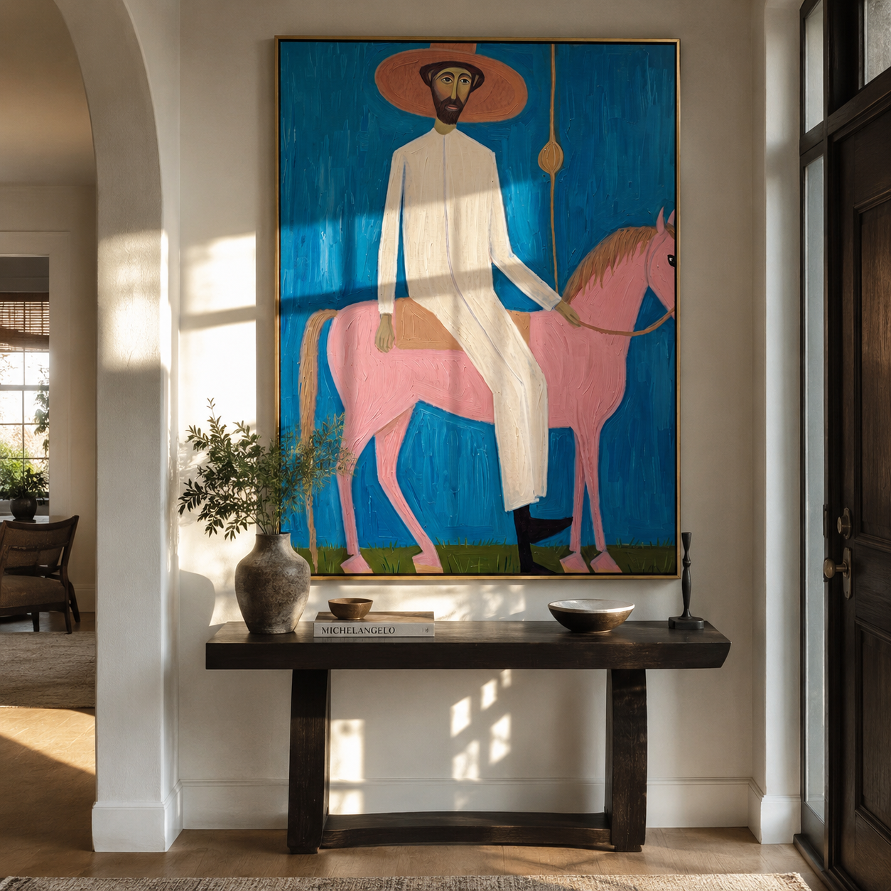 Pink Horse Under Blue - pink horse and rider painting by Savannah Reed, modern folk art vertical wall art – styled room scene view 1