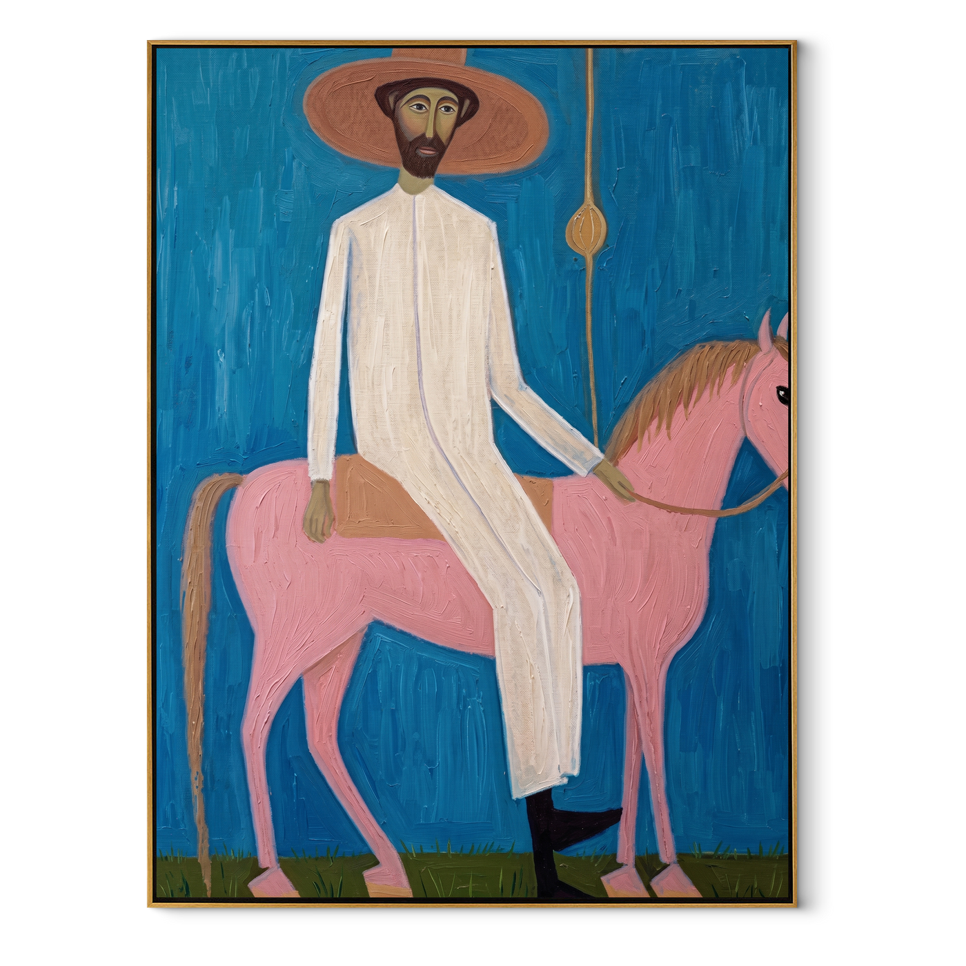 Pink Horse Under Blue - pink horse and rider painting by Savannah Reed, modern folk art vertical wall art – wood frame on white background