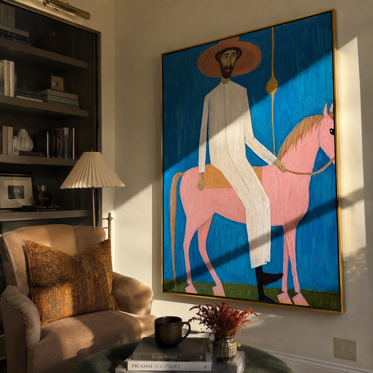 Pink Horse Under Blue - pink horse and rider painting by Savannah Reed, modern folk art vertical wall art – styled room scene view 2