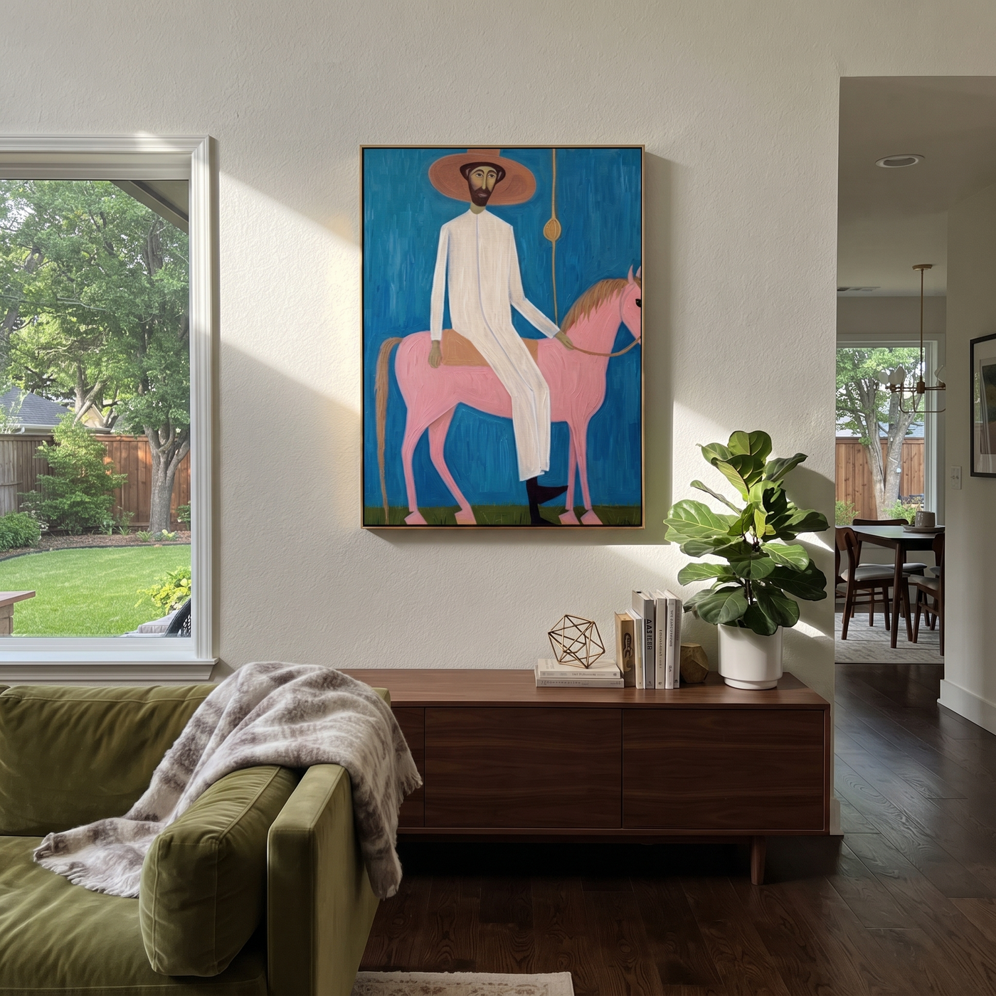 Pink Horse Under Blue - pink horse and rider painting by Savannah Reed, modern folk art vertical wall art – styled room scene view 3