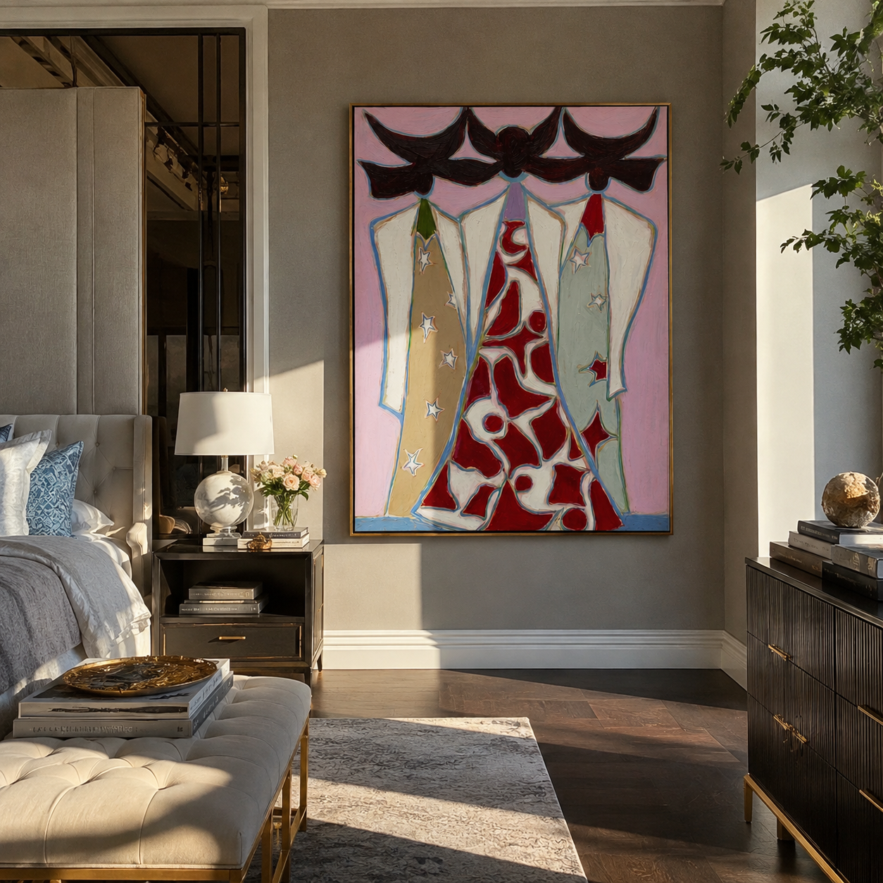Black Hats Frame Red - cowgirl coat portrait painting by Savannah Reed, modern folk art vertical wall art – styled room scene view 1