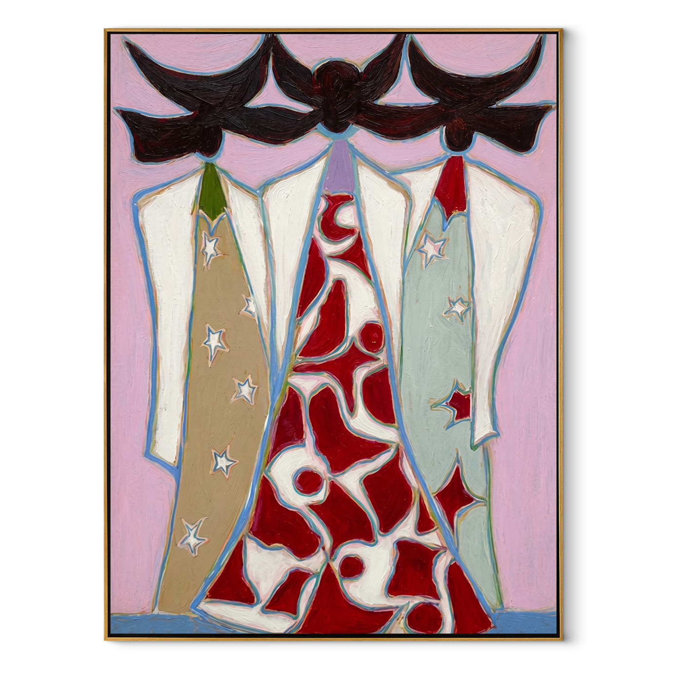Black Hats Frame Red - cowgirl coat portrait painting by Savannah Reed, modern folk art vertical wall art – wood frame on white background