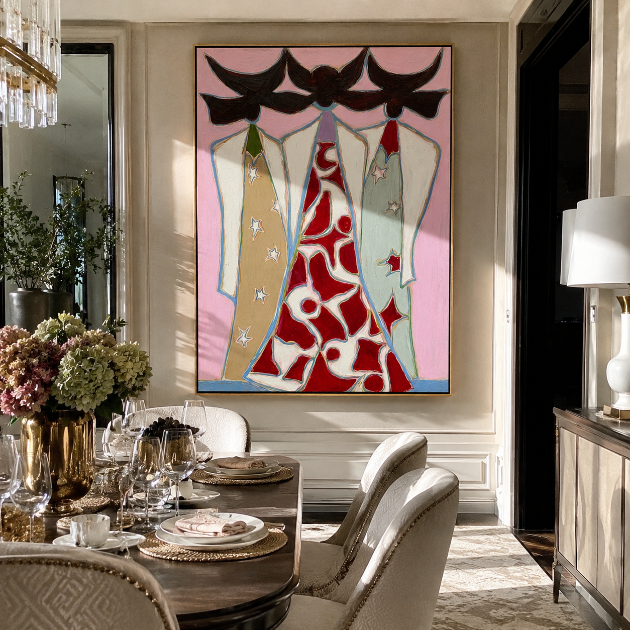 Black Hats Frame Red - cowgirl coat portrait painting by Savannah Reed, modern folk art vertical wall art – styled room scene view 2