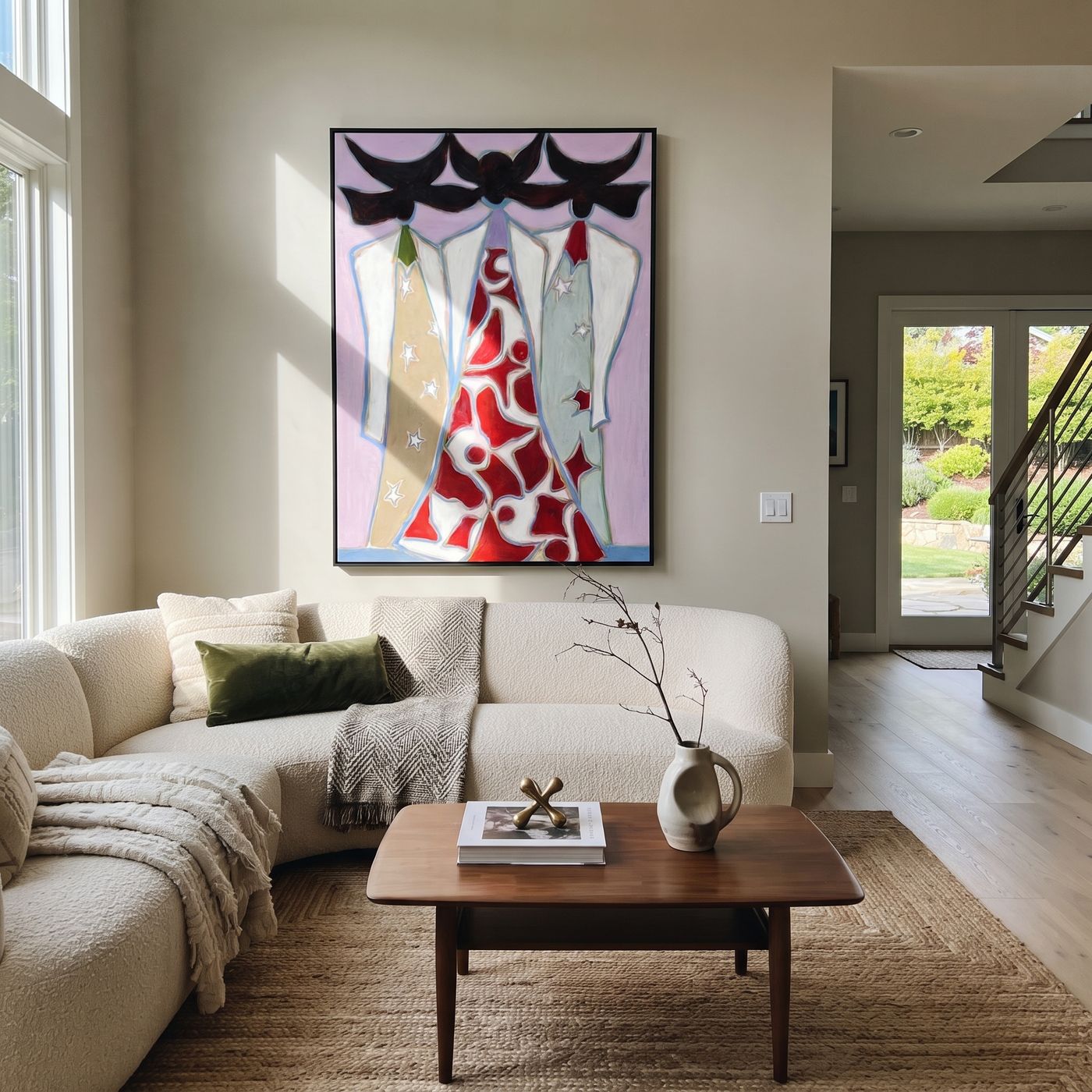 Black Hats Frame Red - cowgirl coat portrait painting by Savannah Reed, modern folk art vertical wall art – styled room scene view 3