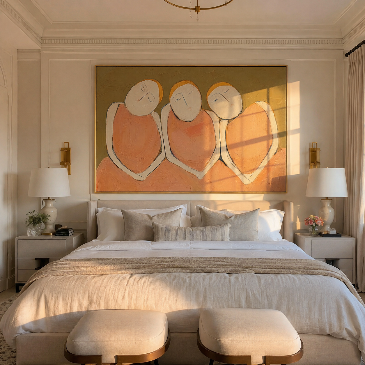 Three Faces Lean Together - three minimalist cowgirls painting by Savannah Reed, modern folk art horizontal wall art – styled room scene view 1