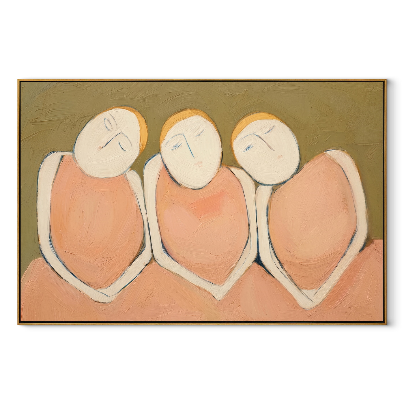 Three Faces Lean Together - three minimalist cowgirls painting by Savannah Reed, modern folk art horizontal wall art – wood frame on white background