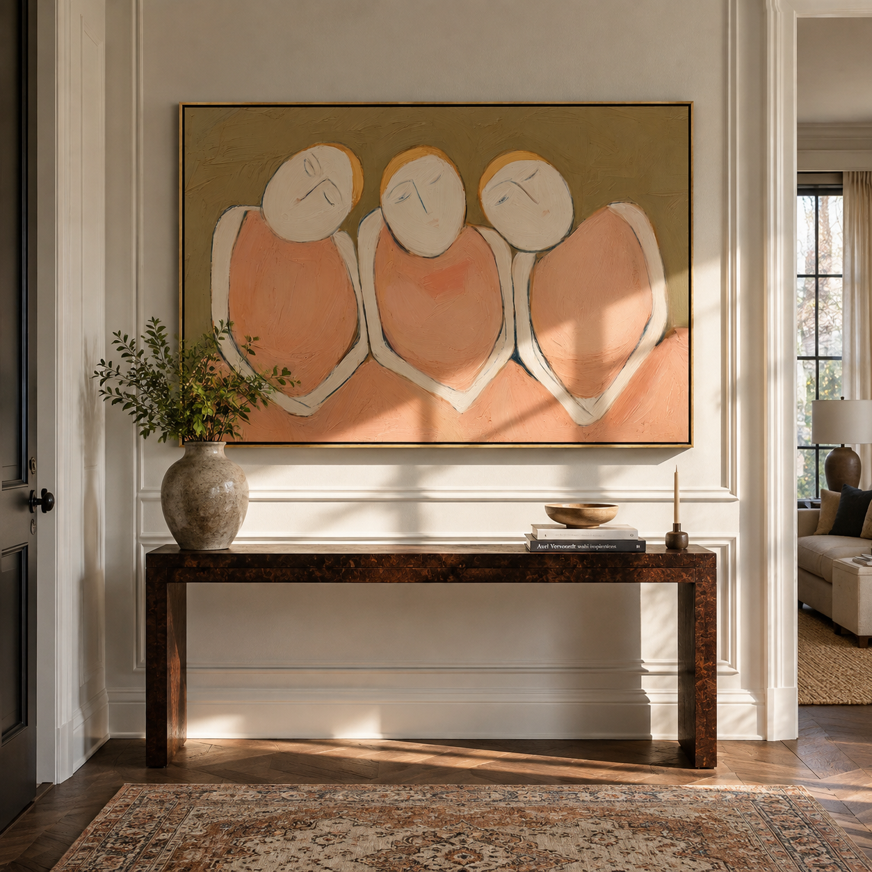 Three Faces Lean Together - three minimalist cowgirls painting by Savannah Reed, modern folk art horizontal wall art – styled room scene view 3