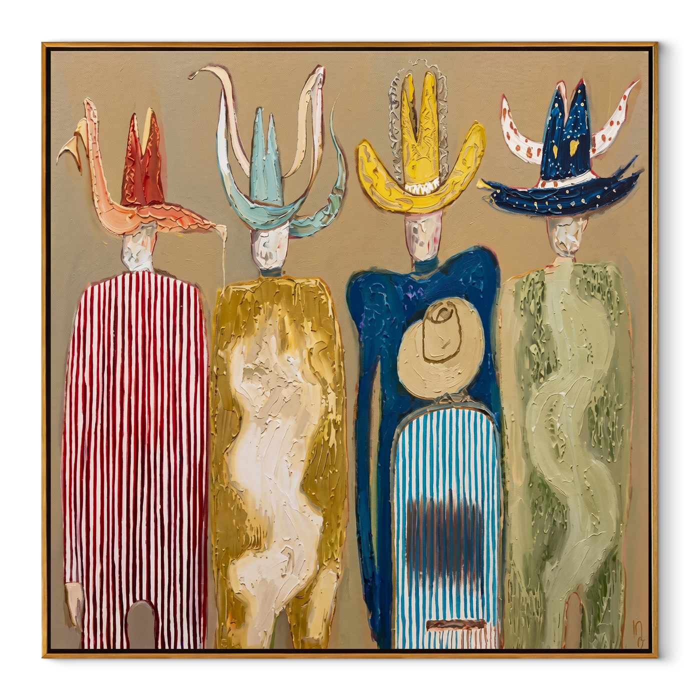 Hats Rise Like Birds - colorful cowboy hats and figures painting by Savannah Reed, modern folk art square wall art – wood frame on white background