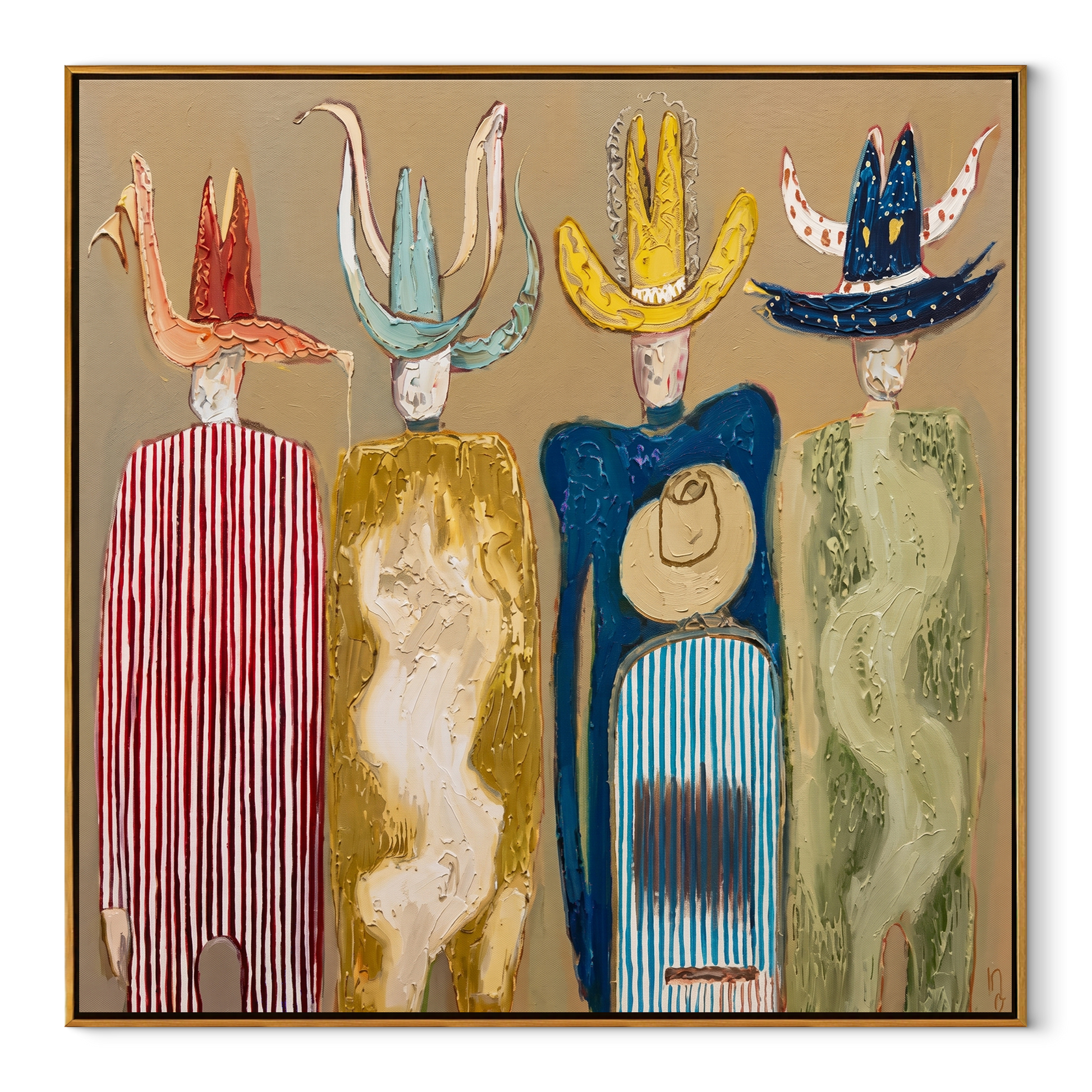 Hats Rise Like Birds - colorful cowboy hats and figures painting by Savannah Reed, modern folk art square wall art – wood frame on white background