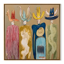 Hats Rise Like Birds - colorful cowboy hats and figures painting by Savannah Reed, modern folk art square wall art – wood frame on white background