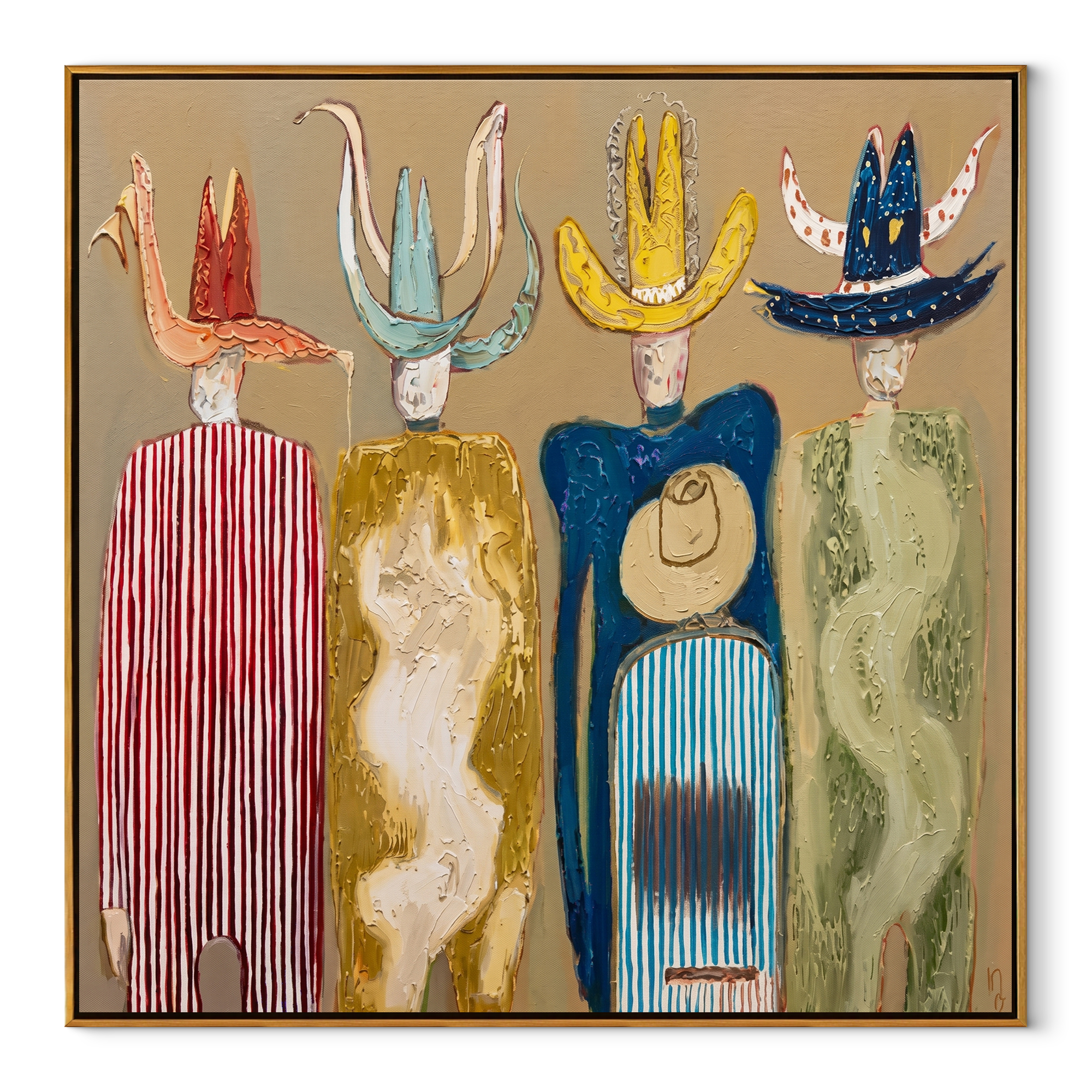 Hats Rise Like Birds - colorful cowboy hats and figures painting by Savannah Reed, modern folk art square wall art – wood frame on white background