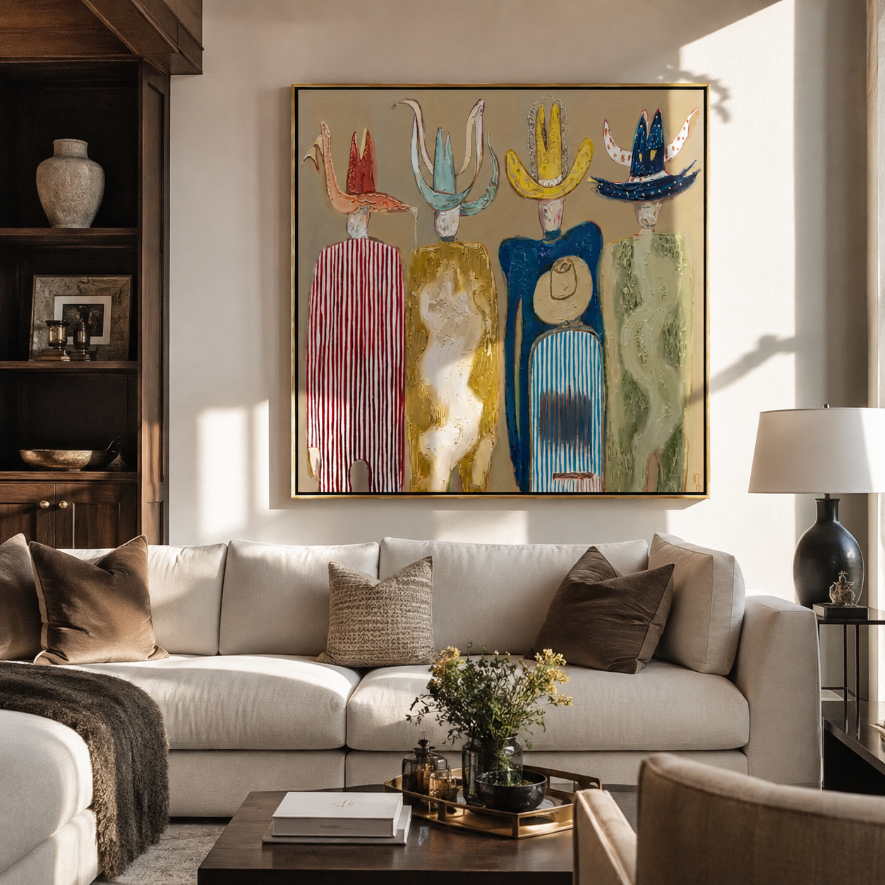 Hats Rise Like Birds - colorful cowboy hats and figures painting by Savannah Reed, modern folk art square wall art – styled room scene view 2