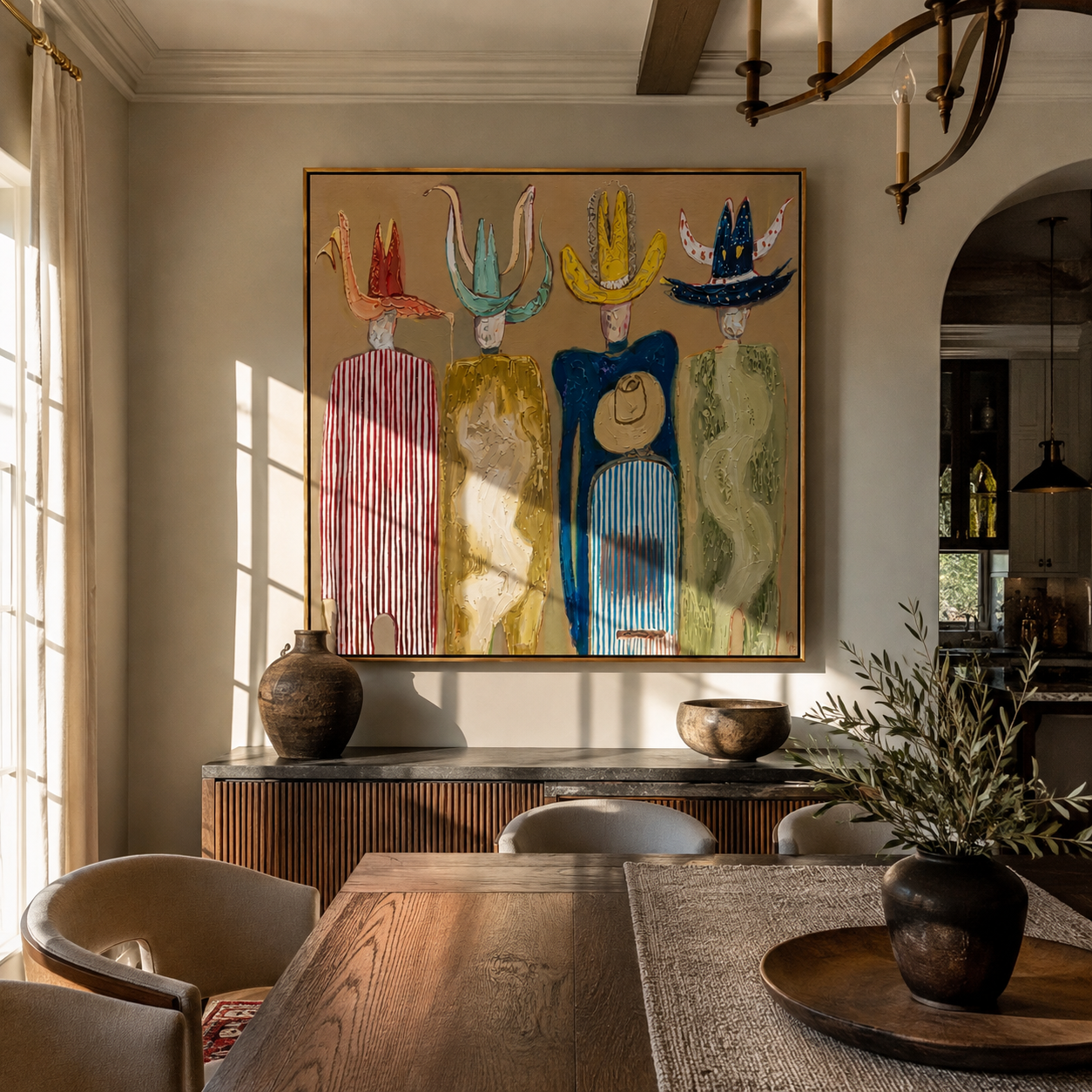 Hats Rise Like Birds - colorful cowboy hats and figures painting by Savannah Reed, modern folk art square wall art – styled room scene view 3